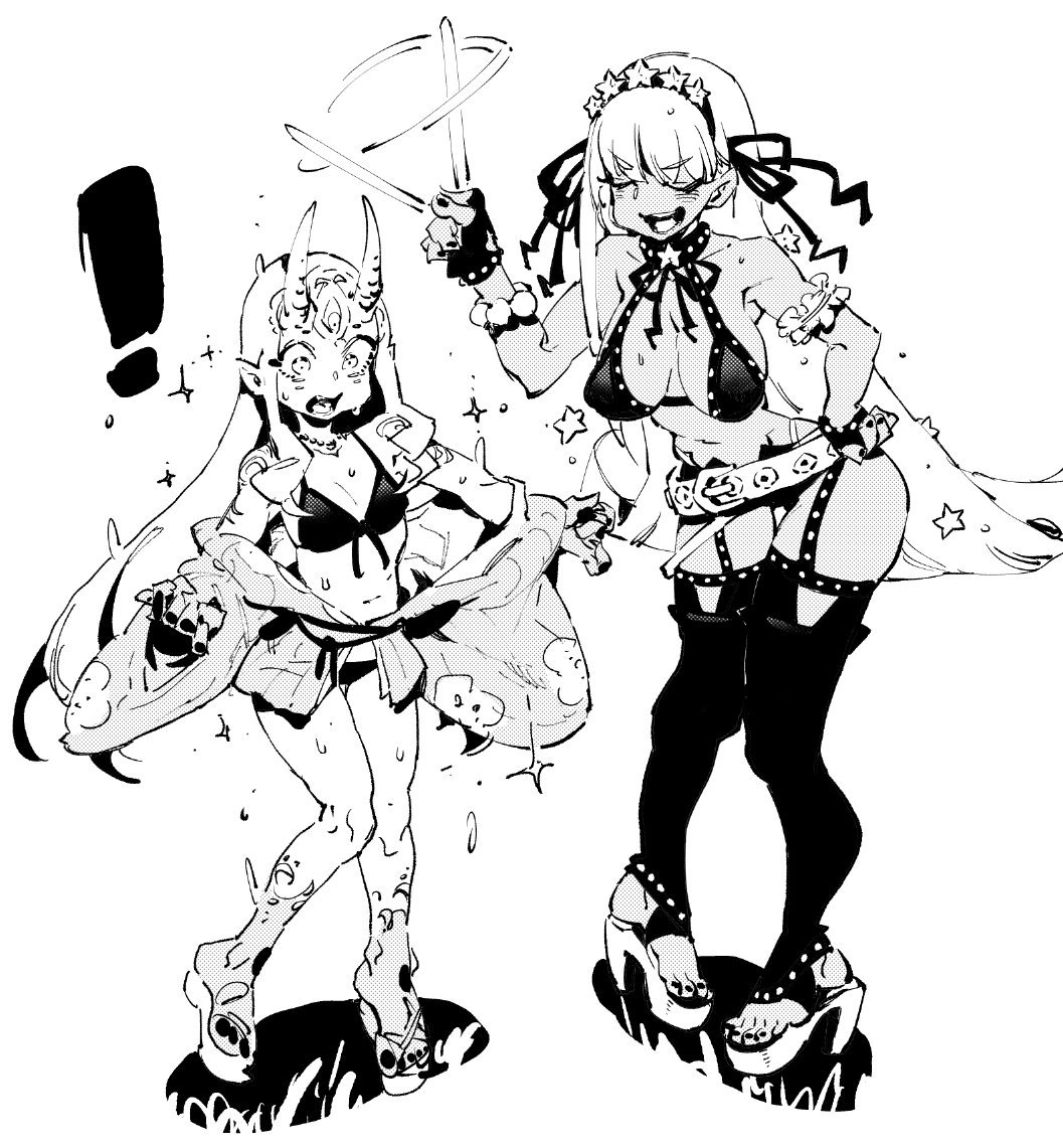 ! 2girls bb_(fate) bb_(swimsuit_mooncancer)_(fate) bb_(swimsuit_mooncancer)_(second_ascension)_(fate) bead_bracelet beads belt bikini black_bikini black_gloves black_nails black_shorts black_thighhighs bracelet breasts buckle closed_eyes commentary_request dark-skinned_female dark_skin dated_commentary facing_another facing_viewer fate/grand_order fate_(series) fingerless_gloves fingernails full_body gloves hair_ribbon hand_on_own_hip high_heels holding holding_wand horns ibaraki_douji_(fate) ibaraki_douji_(fate/grand_order) ibaraki_douji_(swimsuit_lancer)_(fate) ibaraki_douji_(swimsuit_lancer)_(first_ascension)_(fate) ireading japanese_clothes jewelry kimono large_breasts long_hair looking_at_viewer motion_lines multiple_girls navel oni open_clothes open_kimono open_mouth outstretched_arms print_kimono ribbon sandals shadow short_shorts shorts simple_background small_breasts spread_arms standing star_(symbol) stomach straight_hair studded_bikini surprised sweat swimsuit teeth thighhighs third_eye tiara toenails transformation upper_teeth_only very_long_hair wand white_background white_belt white_hair