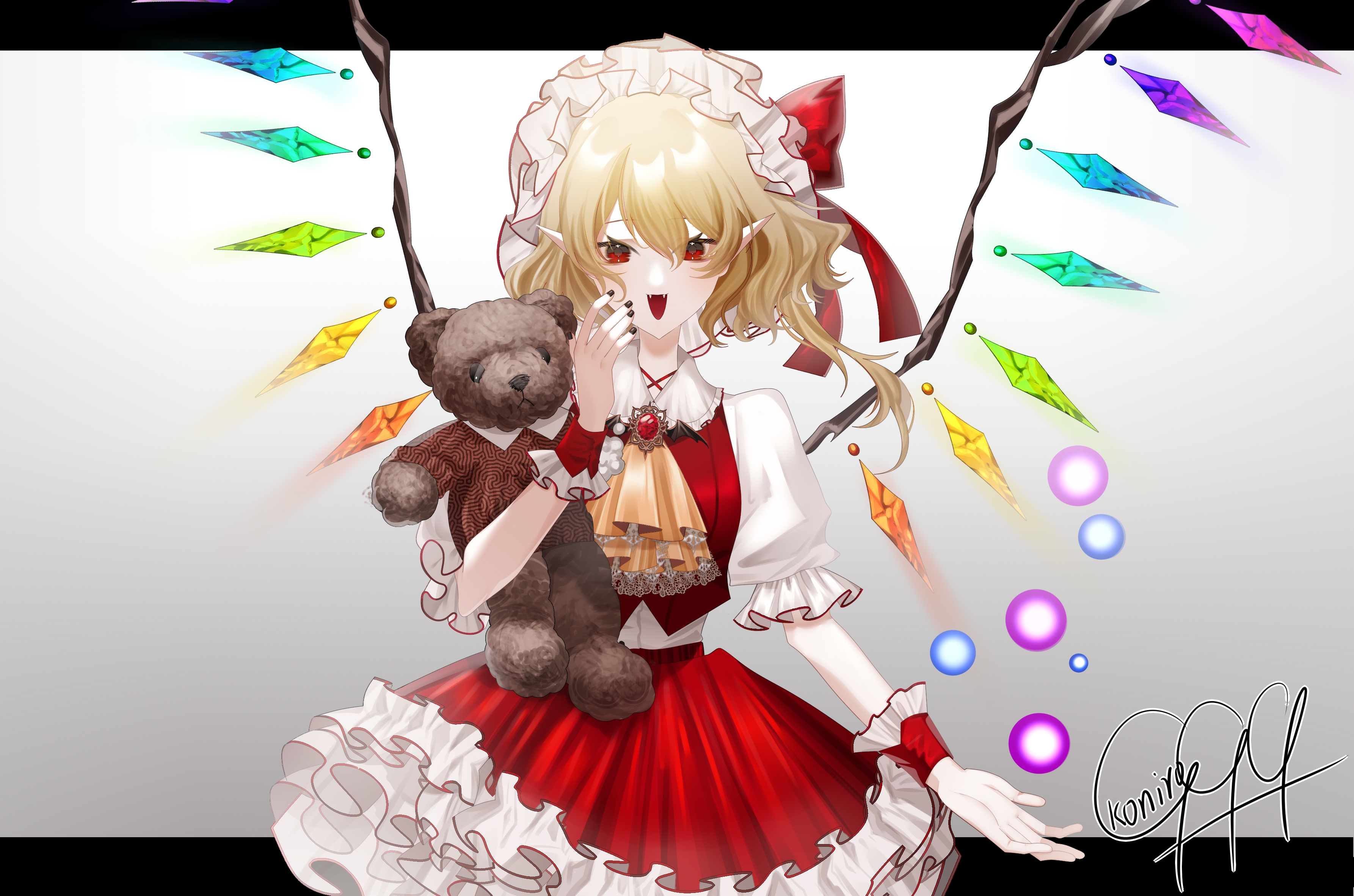 1girl absurdres ascot blonde_hair cowboy_shot crystal_wings detached_wings fang flandre_scarlet frills hair_ribbon hat highres koniro999 letterboxed looking_at_viewer mob_cap multicolored_wings open_mouth pointy_ears puffy_short_sleeves puffy_sleeves red_eyes red_ribbon ribbon short_sleeves signature simple_background solo standing stuffed_animal stuffed_toy teddy_bear touhou white_background wings yellow_ascot