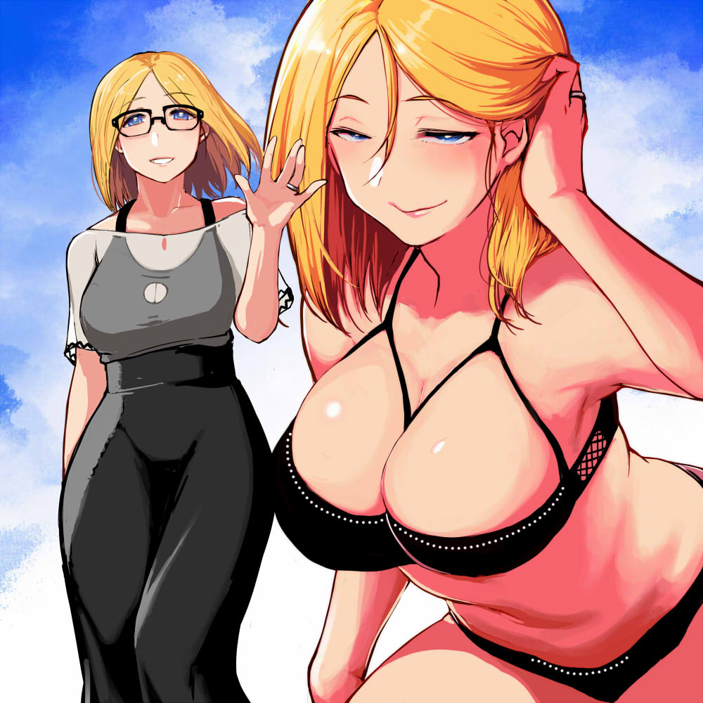 1girl blonde_hair breasts glasses jewelry keshin large_breasts ring smile