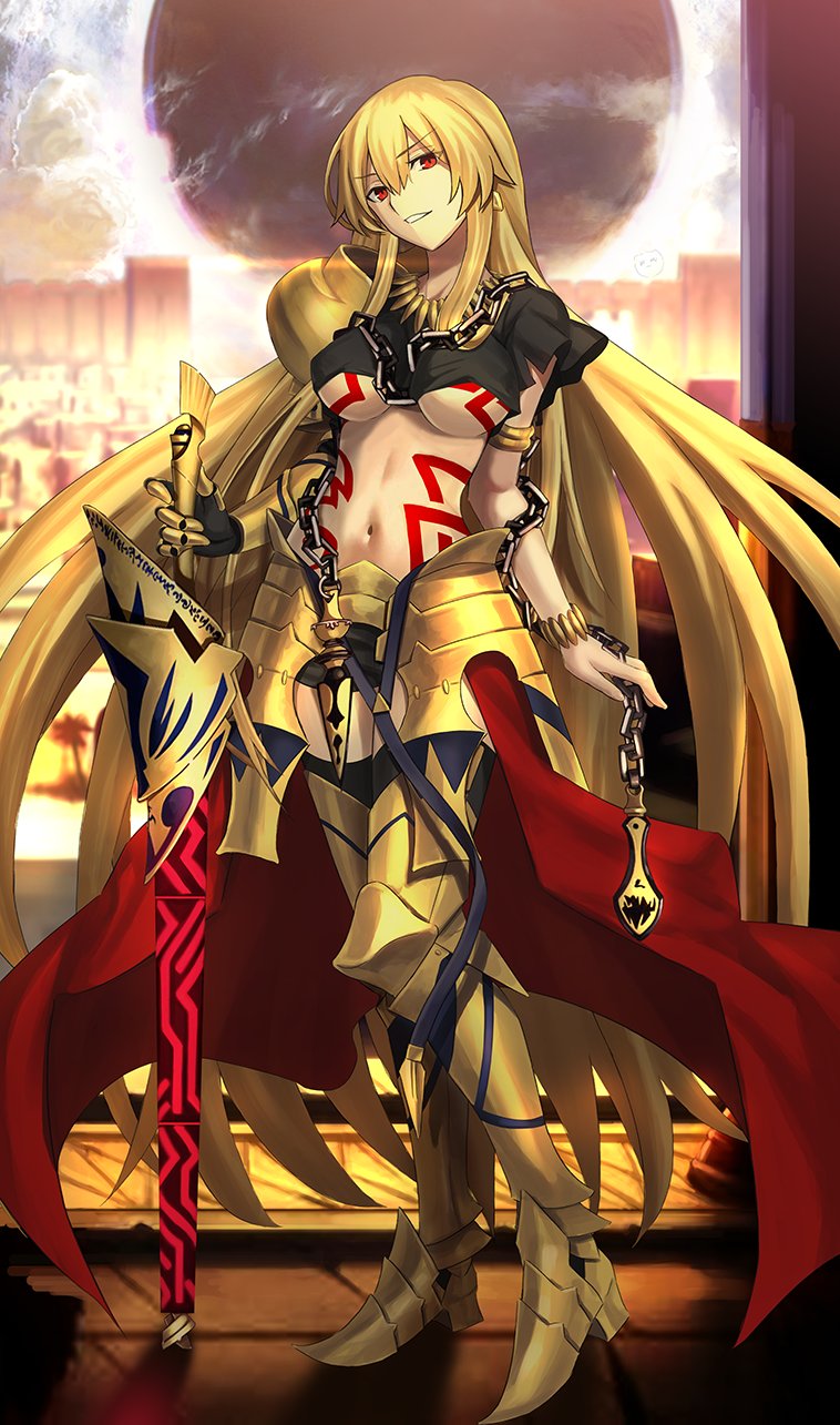 1girl aora armor black_shirt blonde_hair body_markings breasts chain cropped_shirt fate/protoreplica fate_(series) full_body genderswap genderswap_(mtf) gilgamesh_(fate) gold_armor highres holding holding_sword holding_weapon large_breasts long_hair red_eyes shirt shoulder_armor solo standing sword weapon