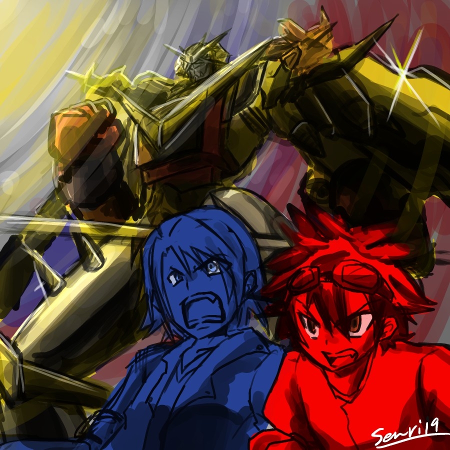 2boys aonuma_kiriha digimon digimon_(creature) goggles goggles_on_head horns jacket kudou_taiki microphone multiple_boys shoutmon_x7