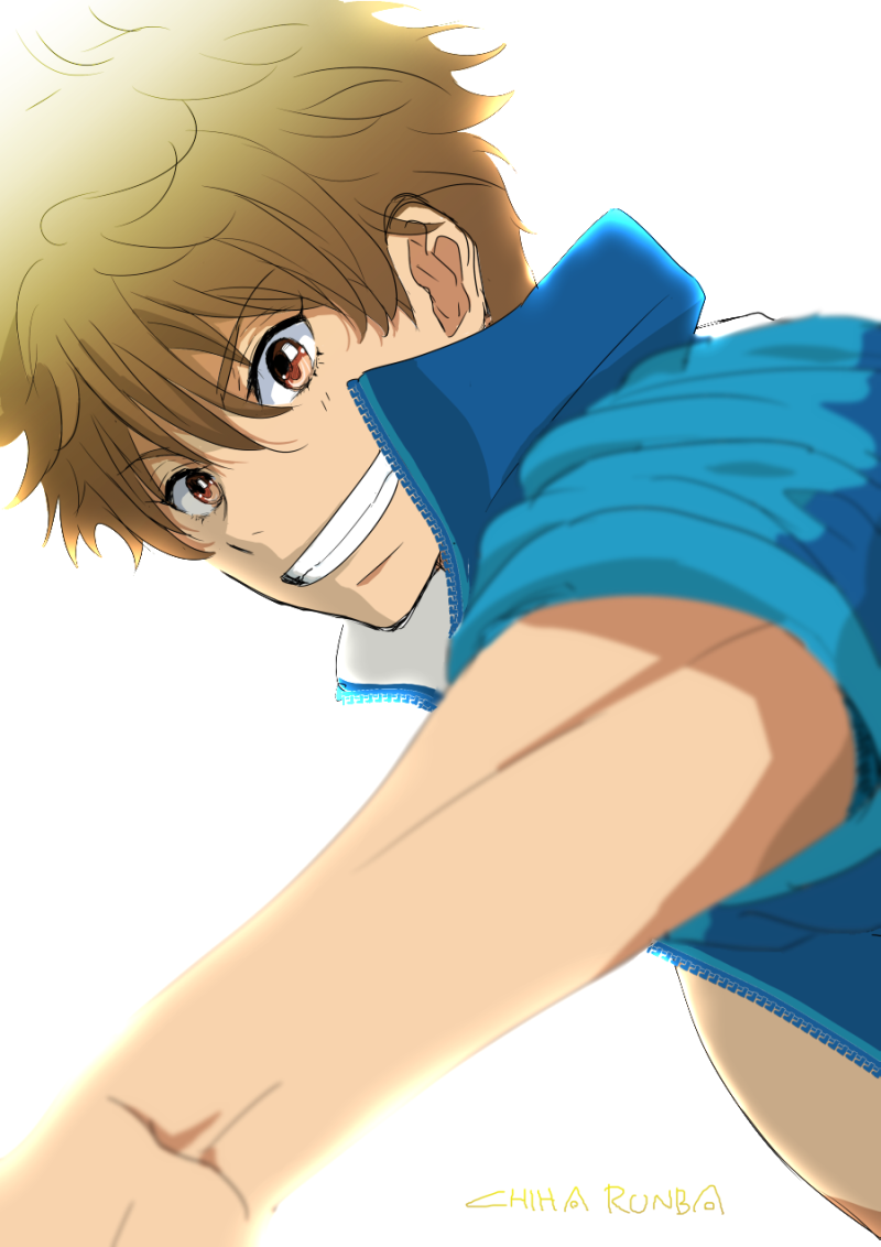 1boy artist_name brown_hair chiha_runba high_speed! kirishima_natsuya looking_at_viewer male_focus red_eyes short_hair smile white_background