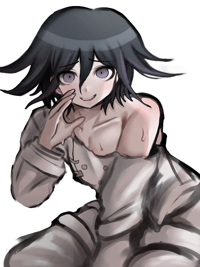 1boy :d danganronpa_(series) danganronpa_v3:_killing_harmony flipped_hair grey_jacket grey_pants hair_between_eyes hand_up ikemen&#039;na_ore-shi jacket male_focus no_neckwear oma_kokichi open_mouth pants simple_background single_bare_shoulder smile solo sweat teeth upper_teeth_only white_background