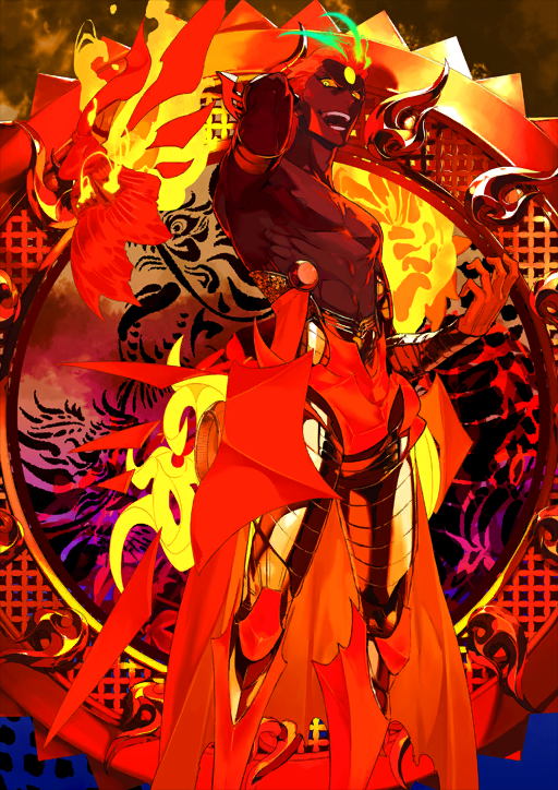 1boy :d arm_up armlet armor ashwatthama_(fate) bracer chakram colored_sclera dark-skinned_male dark_skin fate/grand_order fate_(series) feet_out_of_frame fire forehead_jewel game_cg gloves gold_armor gorget green_eyes hair_slicked_back hand_up highleg jewelry leg_armor legs_apart looking_down male_focus nipples official_art open_mouth pako_(pakosun) pectorals red_gloves red_hair short_hair smile solo standing teeth third-party_source toned toned_male topless_male variant_set very_dark_skin weapon yellow_sclera
