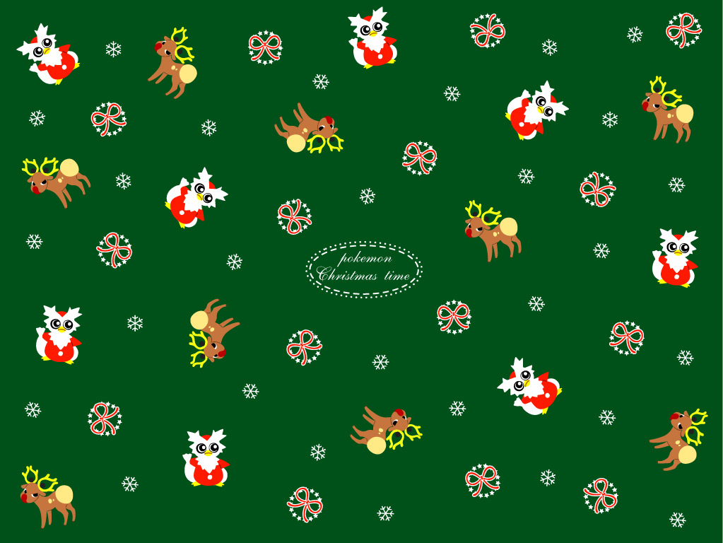 black_eyes bright_pupils christmas closed_mouth delibird english_text flat_color gen_2_pokemon green_background mixed-language_commentary nintendo no_humans pokemon pokemon_(creature) red_ribbon ribbon sack satou_mami simple_background snowflakes stantler white_bag white_pupils
