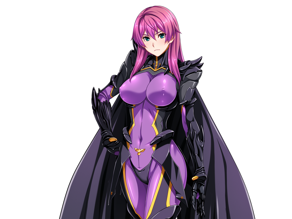 1girl aqua_eyes armor blue_eyes bodysuit breasts cape covered_erect_nipples covered_navel dark_reica game_cg gauntlets gentle_sasaki hand_on_own_hip large_breasts large_variant_set long_hair looking_at_viewer non-web_source official_art pink_hair purple_bodysuit purple_hair shindou_hatsune skin_tight solo soukou_senki_prism_reica standing transparent_background variant_set