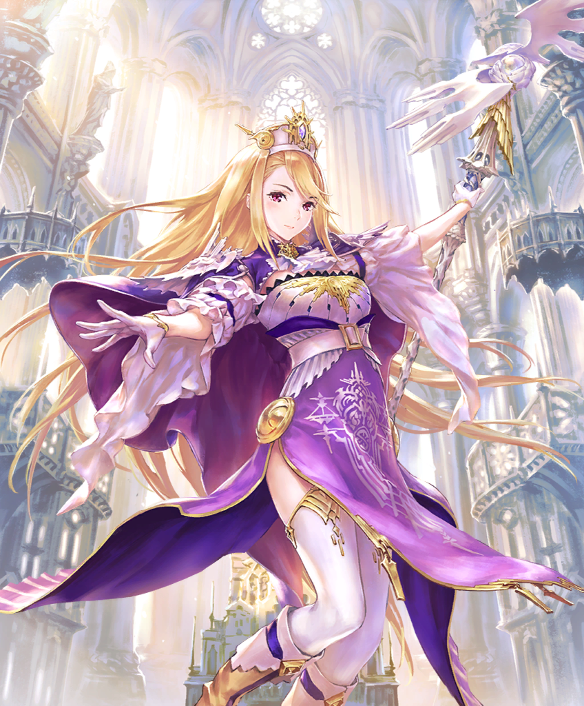 1girl blonde_hair blush breasts church day dress eris_(shadowverse) gloves hisakata_souji holding holding_staff indoors light_rays long_hair looking_at_viewer medium_breasts official_art priestess purple_dress red_eyes shadowverse side_slit smile solo staff thighhighs thighs third-party_source two-tone_dress very_long_hair white_dress white_gloves white_headdress white_thighhighs