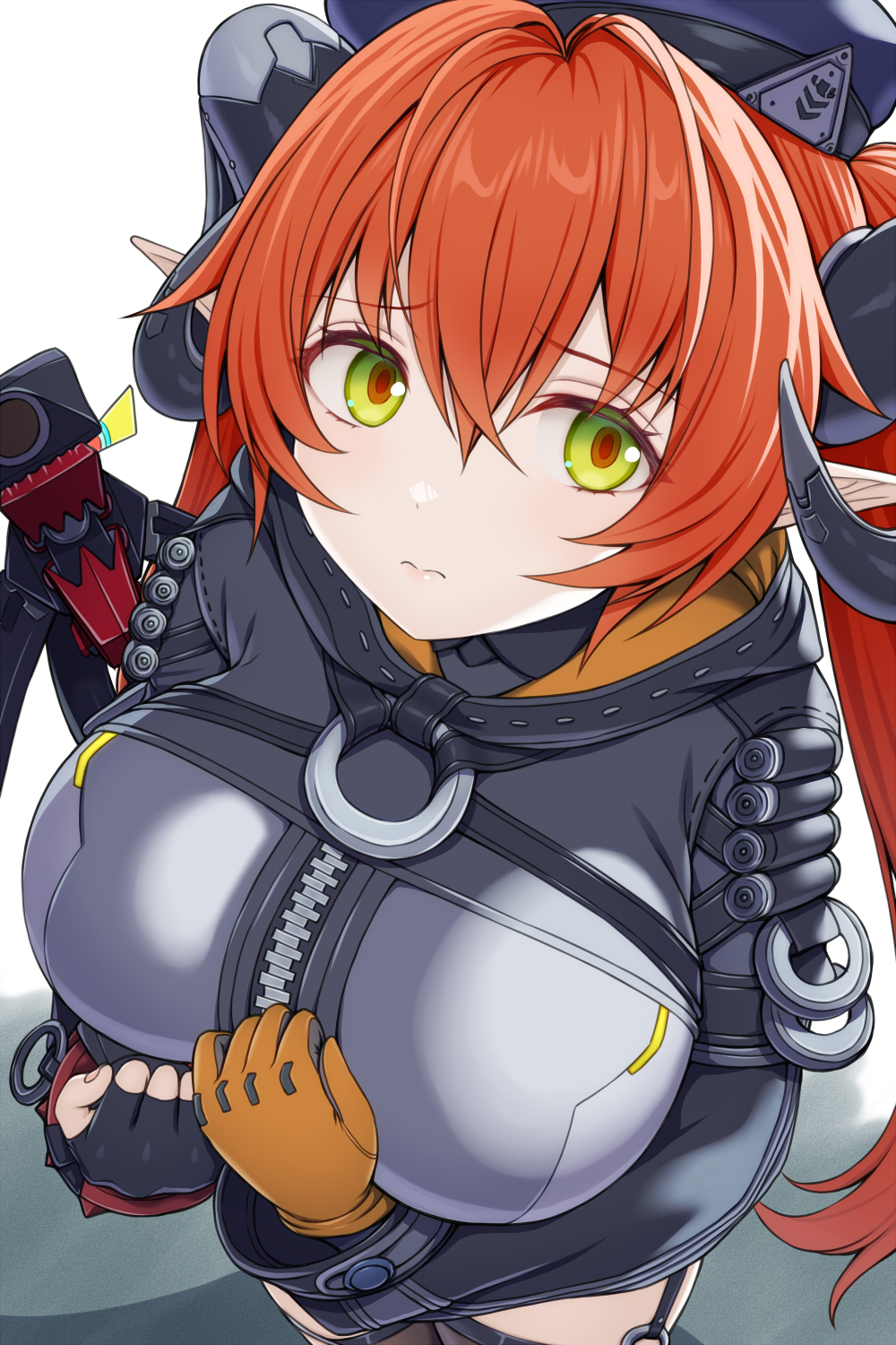1girl asamura_hiori blush breasts curled_horns gloves green_eyes highres horns large_breasts long_hair long_sleeves looking_at_viewer orpheus_(zenless_zone_zero) red_hair solo zenless_zone_zero