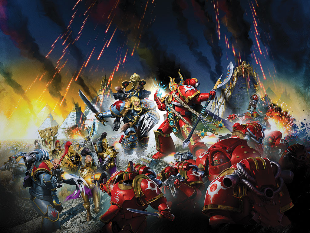 6+boys adeptus_astartes adeptus_custodes ahzek_ahriman aquila_(symbol) armor artofneilroberts banner battle battle_standard beard blonde_hair bolter bombardment casting_spell crest energy energy_ball explosion facial_hair fake_horns fighting_stance firing geigor_fell-hand glowing glowing_hand gold_armor halberd helmet holding holding_bolter holding_sword holding_weapon horned_helmet horns imperial_aquila lightning_claw male_focus multiple_boys polearm power_armor pyramid_(structure) red_helmet runes saber_(weapon) shoulder_armor skull_ornament space_wolves sword terminator_armor thousand_sons war_banner warhammer_40k weapon