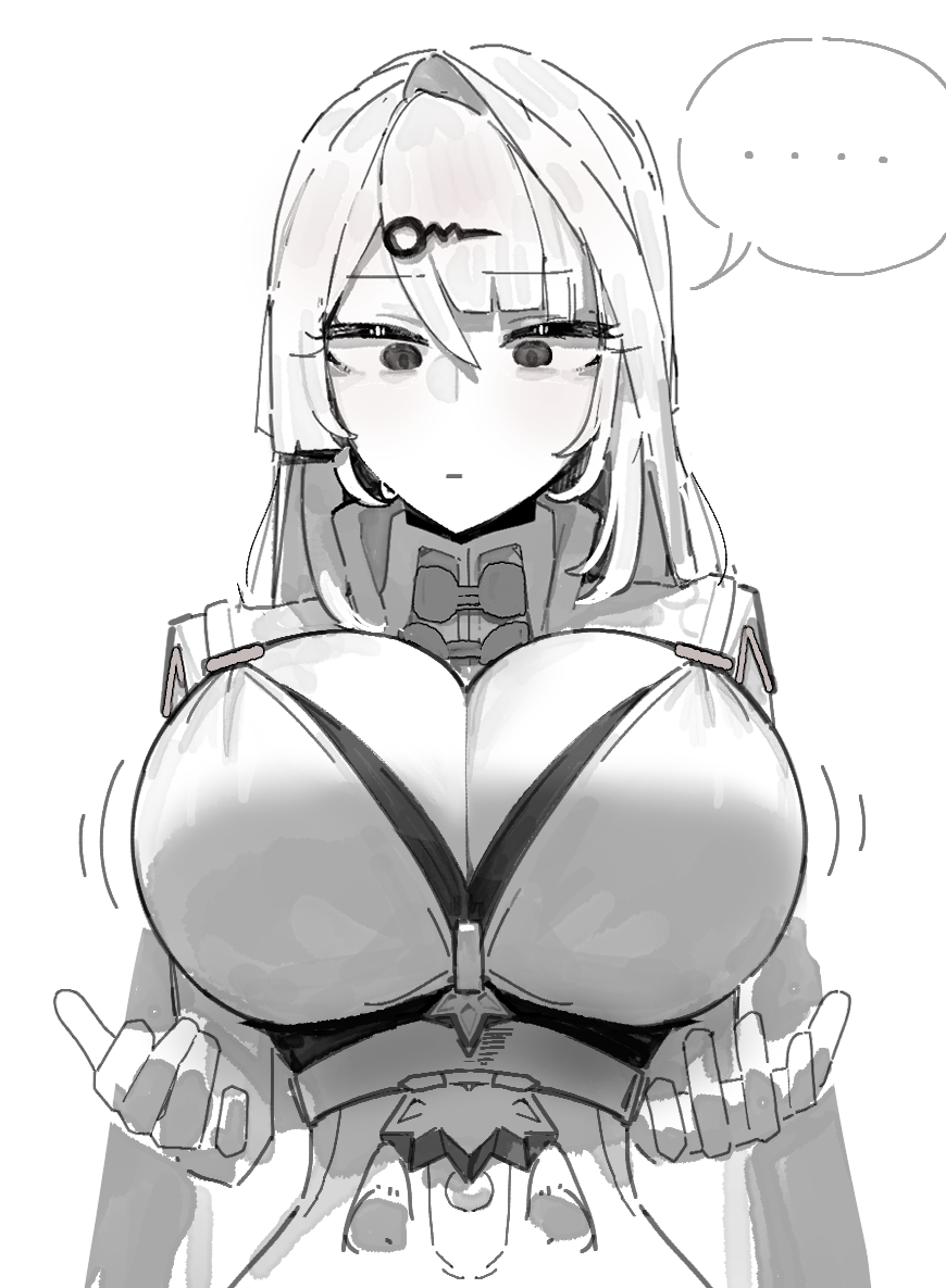 ... 1girl azz0422 breasts cleavage closed_mouth commentary english_commentary expressionless greyscale hair_ornament hairclip huge_breasts long_hair looking_down monochrome simple_background solo speech_bubble spoken_ellipsis upper_body very_long_hair white_background yixuan_(zenless_zone_zero) zenless_zone_zero