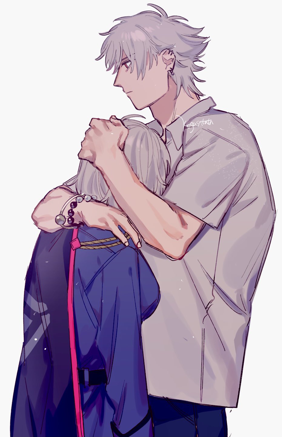 1boy 1girl adam&#039;s_apple antenna_hair aohitsugi_nemu aohitsugi_samatoki arms_at_sides bead_bracelet beads belt black_cape blank_stare blue_jacket bracelet brother_and_sister cape collared_shirt covered_face cowboy_shot denim ear_piercing earrings fingernails from_side hair_between_eyes hand_on_another&#039;s_head hand_on_another&#039;s_shoulder head_on_another&#039;s_chest height_difference highres hoop_earrings hug hypnosis_mic jacket jeans jewelry light_frown long_sleeves looking_ahead no_headwear pants piercing pink_trim profile red_eyes serious shirt short_hair short_sleeves siblings simple_background twitter_username urata_(kogasitata) white_background white_hair white_shirt