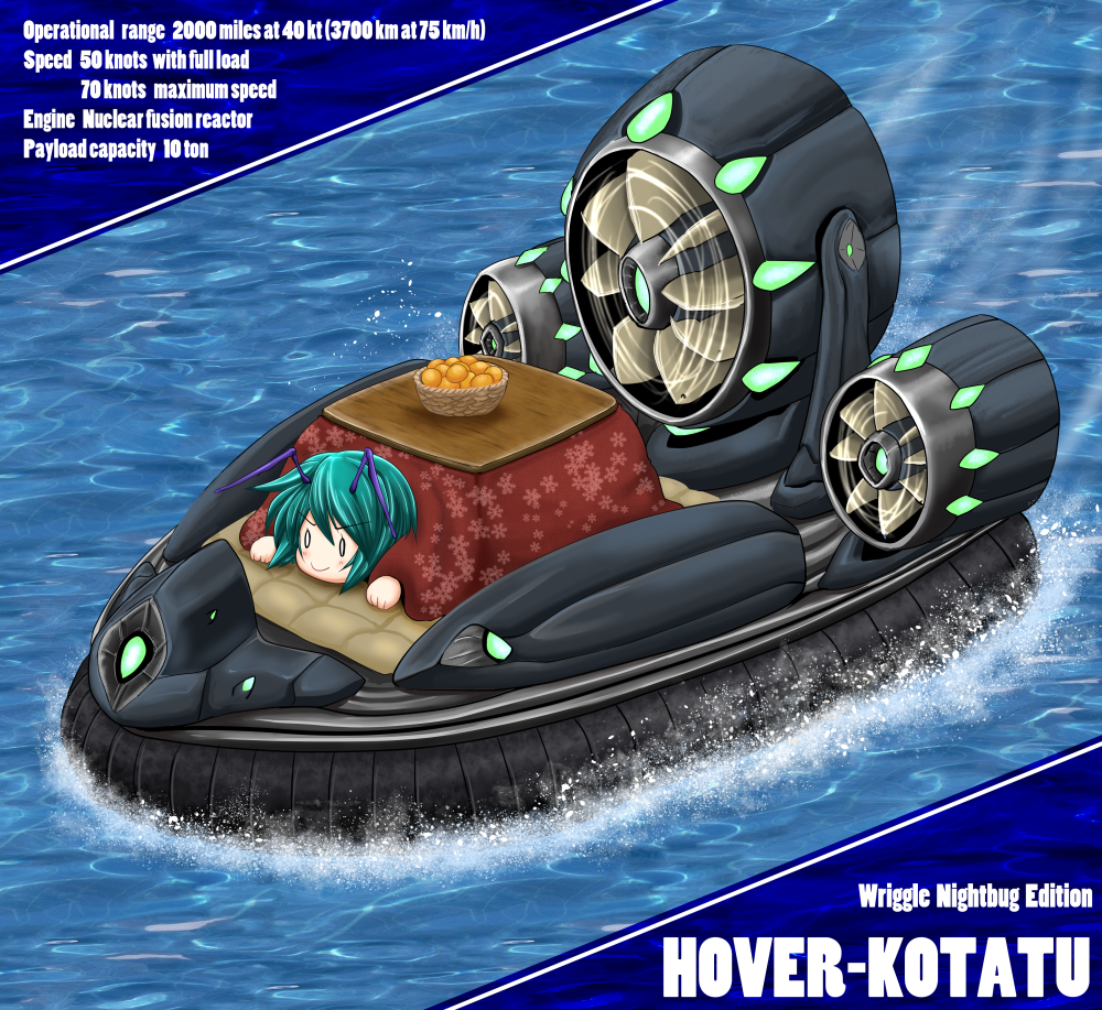 1girl afloat antennae blush blush_stickers boat chibi english_text female_focus food fruit full_body green_hair hand_fan hovercraft kotatsu lying madara_inosuke mandarin_orange o_o on_floor on_stomach orange_(fruit) outdoors smile solo table touhou water watercraft wriggle_nightbug
