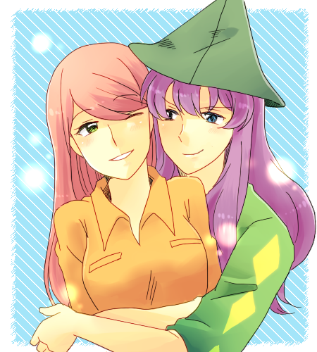 1boy 1girl blue_eyes breasts green_eyes harley_(pokemon) hat hetero hug lowres nintendo open_mouth pokemon purple_hair red_hair smile solidad_(pokemon)
