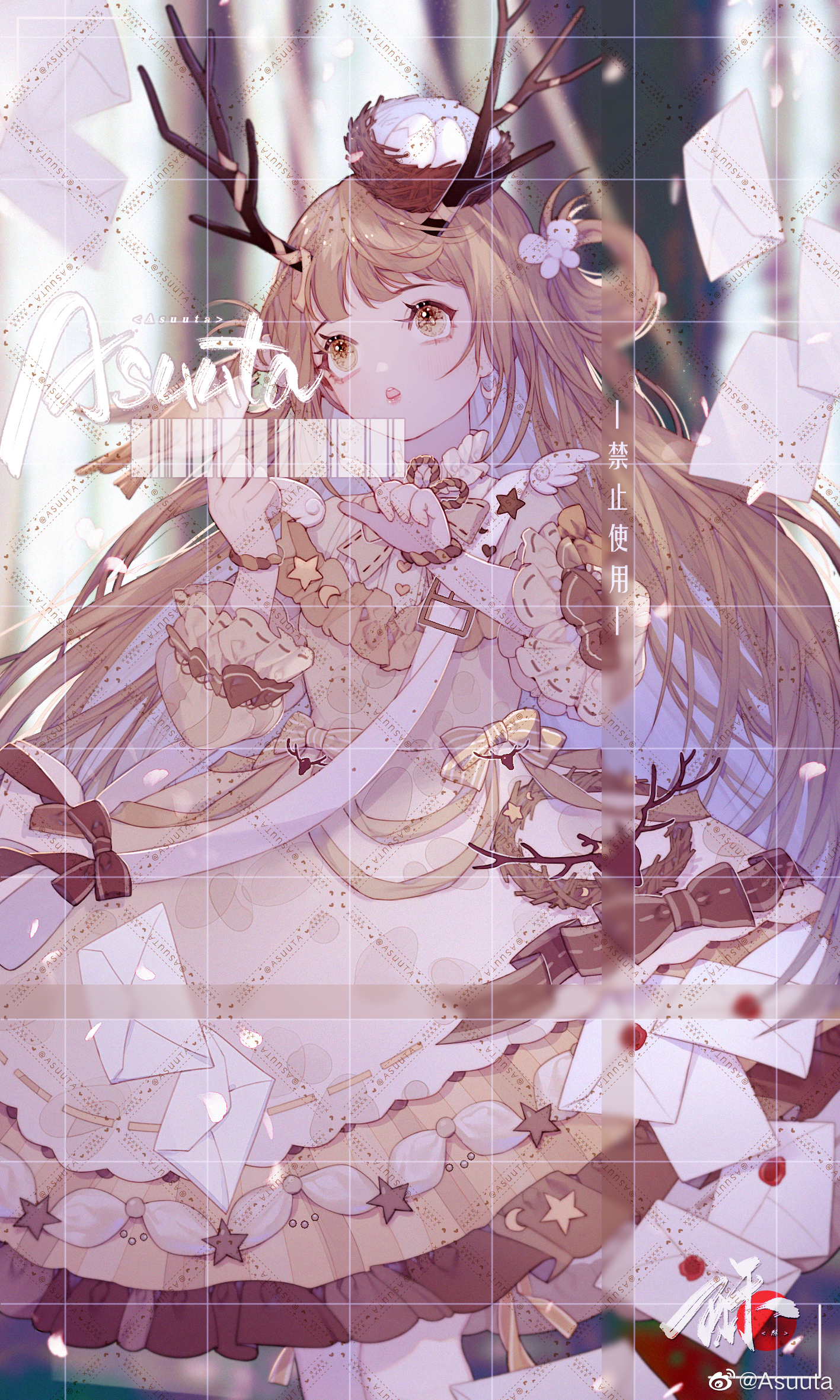 1girl antler_ribbon antlers artist_name asuuta bag bag_bow barcode blunt_bangs bow brown_bow brown_eyes brown_hair buckle chinese_commentary commentary_request commission cowboy_shot dress egg envelope eyelashes flower frilled_sleeves frills hair_flower hair_ornament hair_rings highres horns indoors lipstick long_hair long_sleeves looking_ahead makeup medium_dress nest nest_on_head original parted_lips pink_flower pink_lips ribbon ribbon-trimmed_sleeve_cuffs sample_watermark shoulder_bag solo stained_glass standing star_(symbol) striped_bow tareme teeth too_many_watermarks upper_teeth_only very_long_hair waist_bow watermark watermark_grid wax_seal weibo_watermark white_bag yellow_bow yellow_dress yellow_ribbon