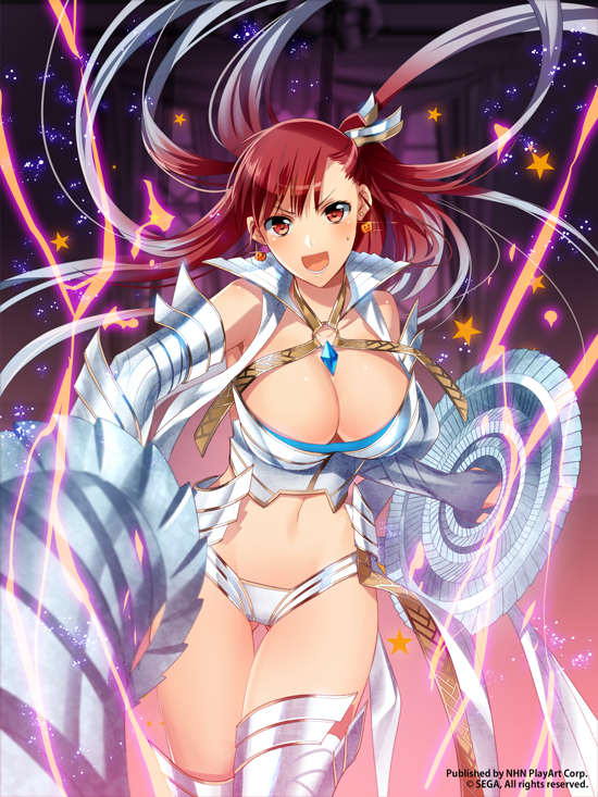 00s 10s 1girl armor breasts cleavage cowboy_shot earrings female_focus food-themed_earrings food_themed_earrings foreshortening gradient_hair jewelry large_breasts long_hair looking_at_viewer midriff multicolored_hair murakami_yuichi navel necklace official_art open_mouth polearm pumpkin_earrings red_eyes red_hair riela_marcellis senjou_no_valkyria senjou_no_valkyria_(series) senjou_no_valkyria_3 shield silver_hair solo spear sweatdrop watermark weapon