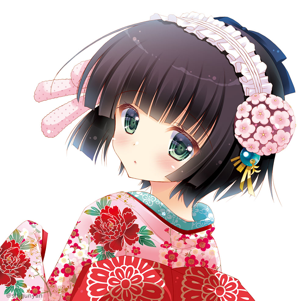 1girl black_hair blush bob_cut bow commentary_request floral_print flower from_behind green_eyes hair_bow hand_up ikoku_meiro_no_croisee japanese_clothes kimono long_sleeves looking_at_viewer looking_back parted_lips pink_bow pink_flower pink_kimono print_kimono shigunyan short_hair simple_background sleeves_past_fingers sleeves_past_wrists solo twitter_username upper_body white_background yune_(ikoku_meiro_no_croisee)