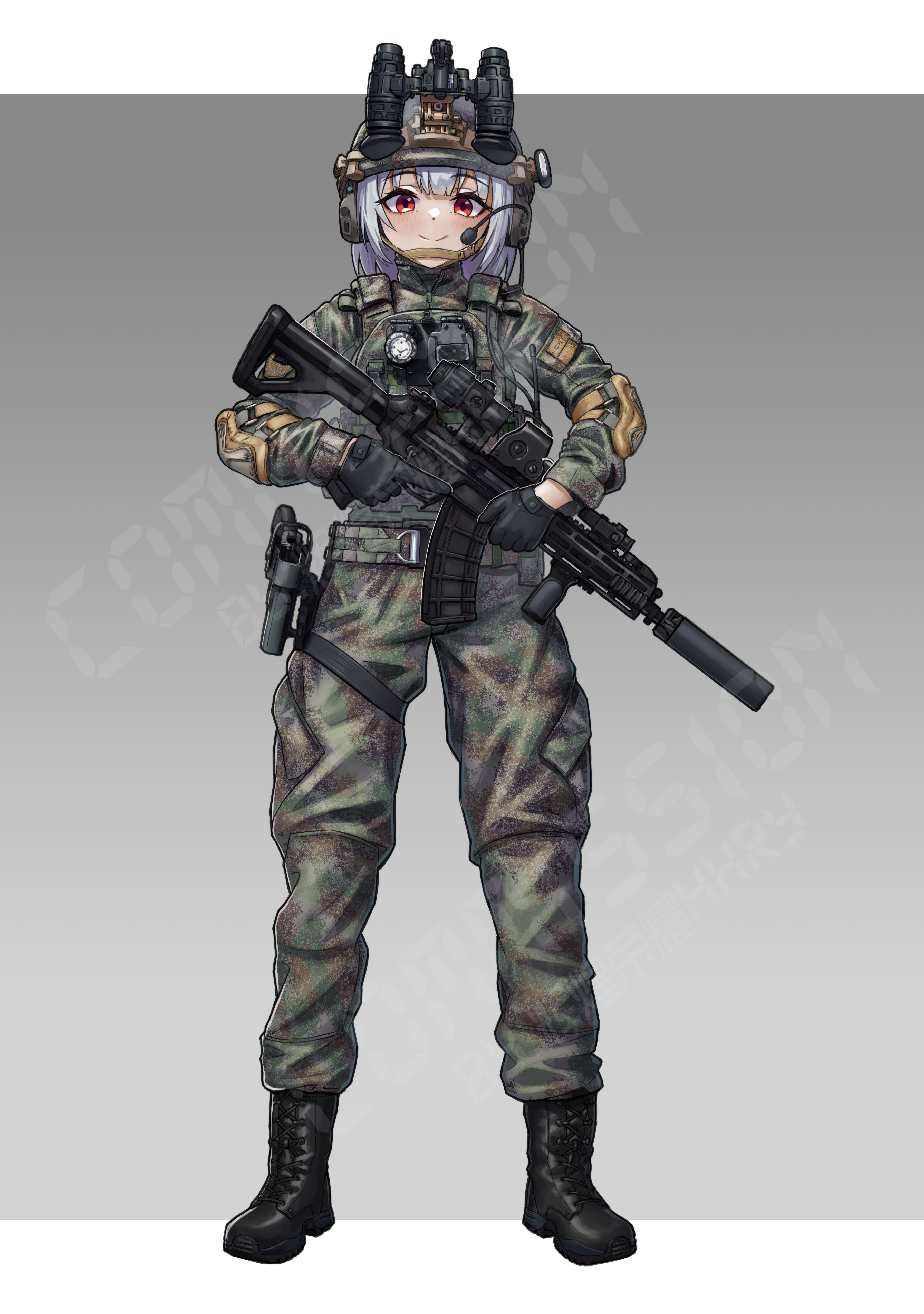1girl absurdres assault_rifle border chin_strap combat_helmet commission fast_helmet full_body grey_background gun highres holding holding_weapon holster huihuang_rongyao load_bearing_vest long_sleeves looking_at_viewer military_combat_uniform military_uniform night_vision_device original outside_border people's_liberation_army people's_liberation_army_air_force qbz-191 red_eyes rifle solo standing suppressor watermark weapon white_border white_hair
