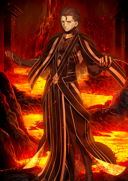1boy black_bodysuit black_robe bodysuit brown_eyes brown_hair closed_mouth covered_pectorals cowlick embers fate/grand_order fate_(series) feet_out_of_frame front_slit game_cg hair_slicked_back hands_up kotomine_kirei lava looking_at_viewer male_focus medium_hair official_art pectorals rasputin_(fate) rasputin_(second_ascension)_(fate) red_background robe smile solo standing takeuchi_takashi third-party_source toned toned_male turtleneck v-shaped_eyebrows variant_set