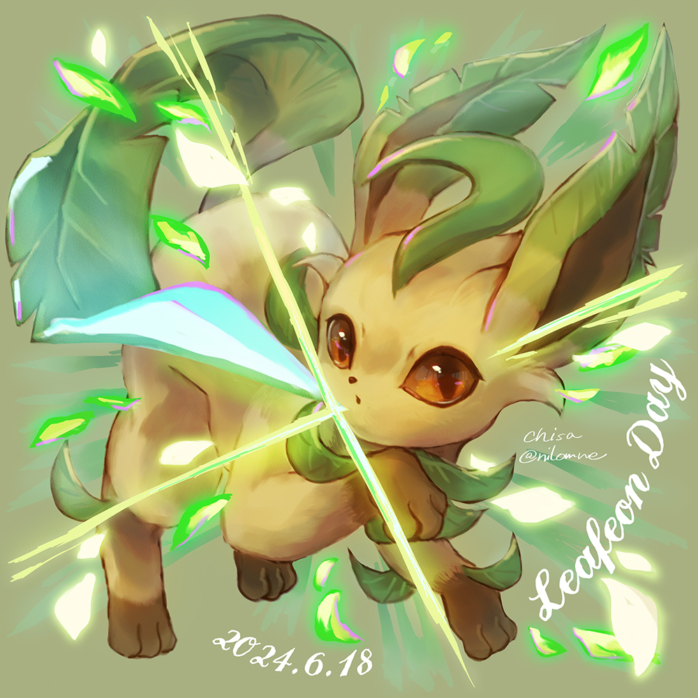 animal_focus brown_eyes dated english_text full_body gen_4_pokemon leaf leafeon momomo12 nintendo no_humans open_mouth pokemon pokemon_(creature) solo