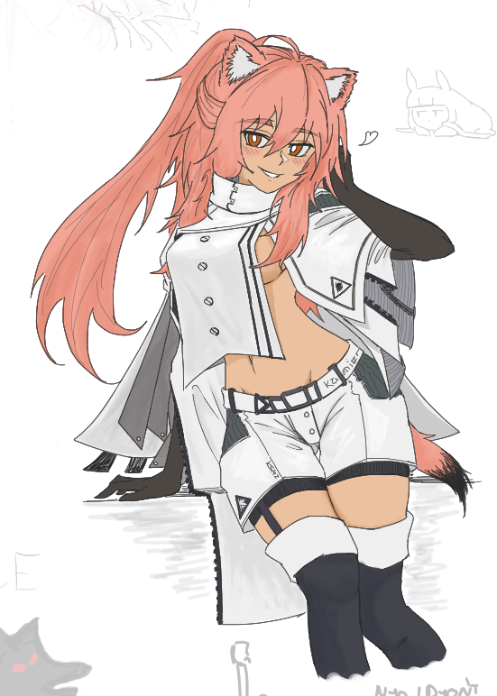 1girl animal_ears arknights breasts cosplay dokonjou_(odossan) gravel_(arknights) medium_breasts midriff pink_eyes pink_hair platinum_(arknights) platinum_(arknights)_(cosplay) shorts sideboob