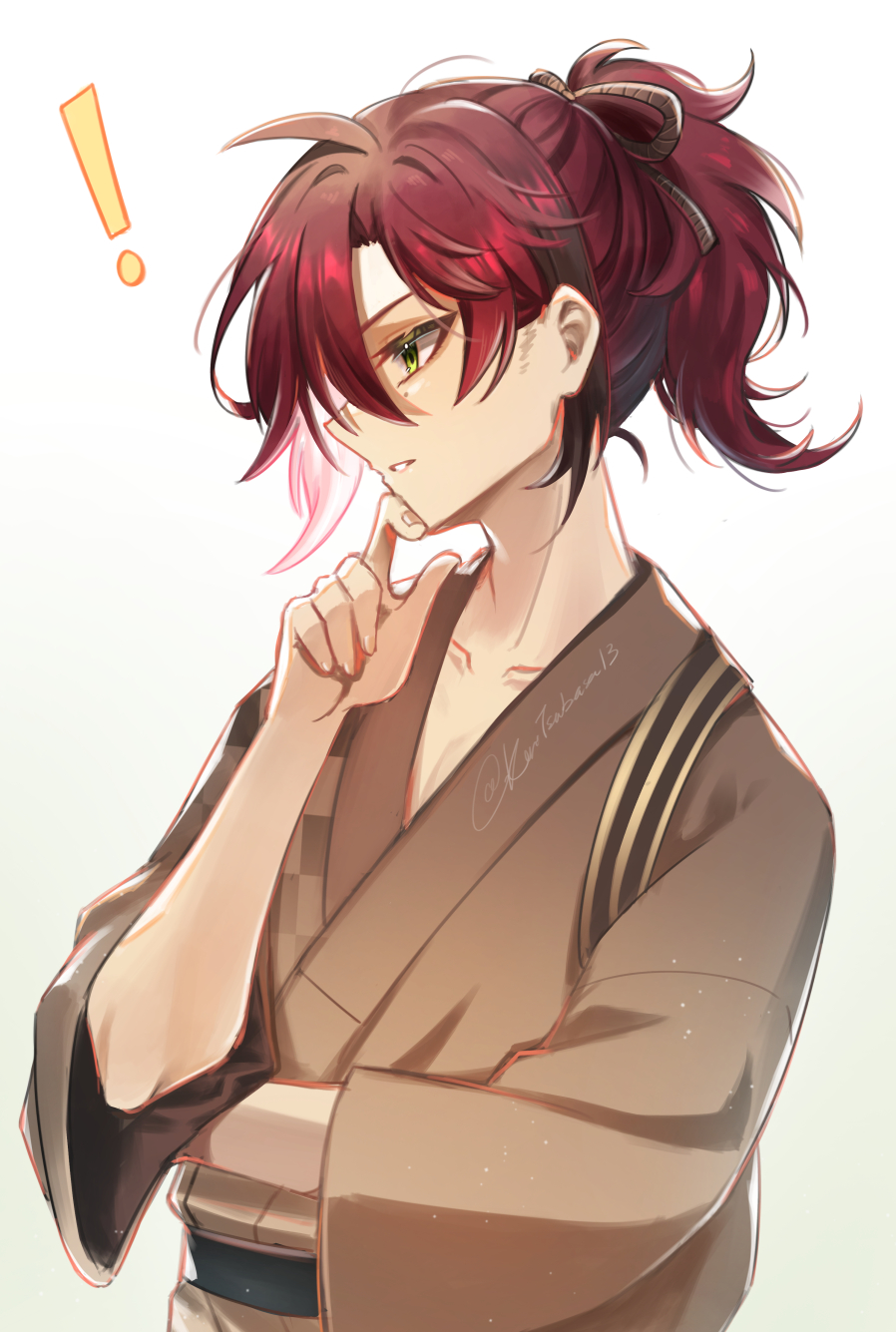 ! 1boy ahoge artist_name bath_yukata black_hair black_sash brown_kimono collarbone commentary genshin_impact green_eyes hair_between_eyes hand_on_own_chin hand_up high_ponytail highres japanese_clothes kimono kuro_tsubasa light_particles long_sleeves looking_ahead male_focus mole mole_under_eye multicolored_hair obi parted_bangs parted_lips ponytail red_hair sash shikanoin_heizou simple_background solo streaked_hair symbol-only_commentary twitter_username upper_body white_background wide_sleeves yukata
