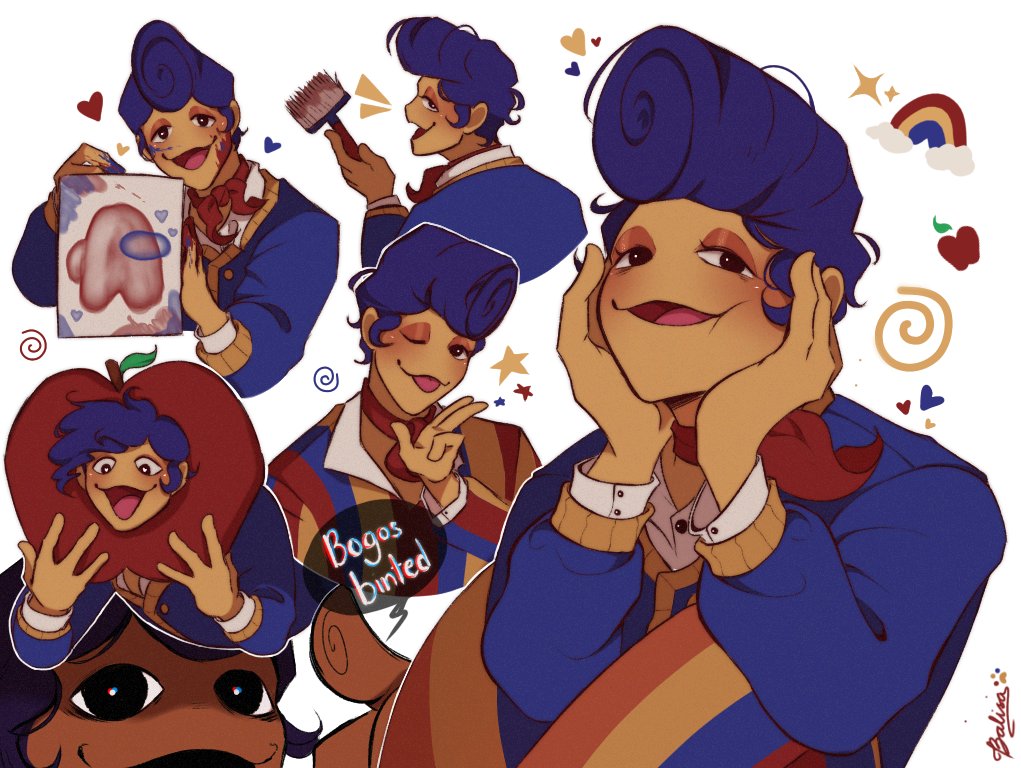 1boy among_us blue_hair colored_skin crewmate_(among_us) looking_at_viewer male_focus mishwell multicolored_pants pants phone pompadour shaded_face solo wally_darling welcome_home_(arg) yellow_skin