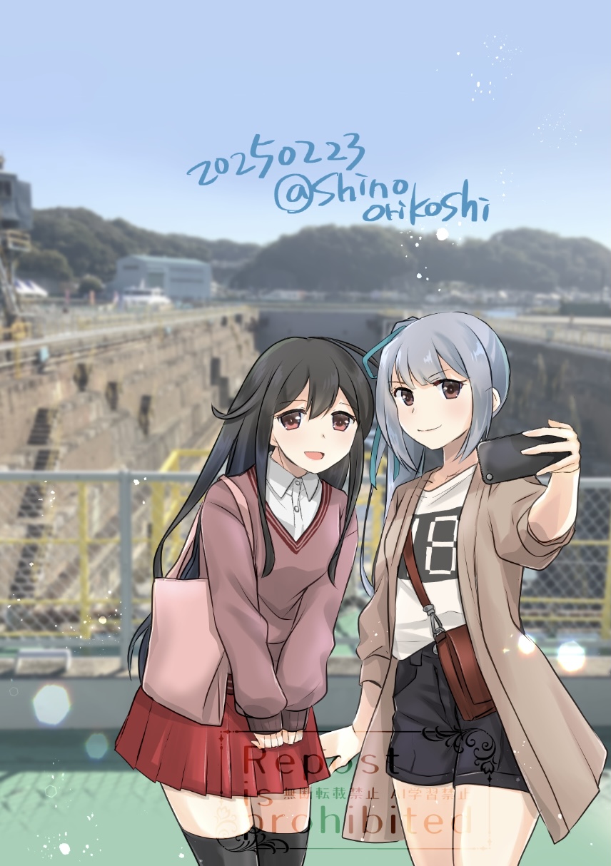 2girls alternate_costume bag black_hair black_shorts black_thighhighs blue_sky bridge brown_coat brown_eyes brown_sweater cellphone chain-link_fence coat dated day decal fence grey_hair hatsushimo_(kancolle) highres kantai_collection kasumi_(kancolle) kasumi_(kure)_(kancolle) long_hair multiple_girls official_alternate_costume orikoshi_shino outdoors phone photo_background pleated_skirt red_eyes red_skirt seven-segment_display shirt shorts side_ponytail skirt sky sweater taking_picture thighhighs tote_bag twitter_username watermark white_shirt