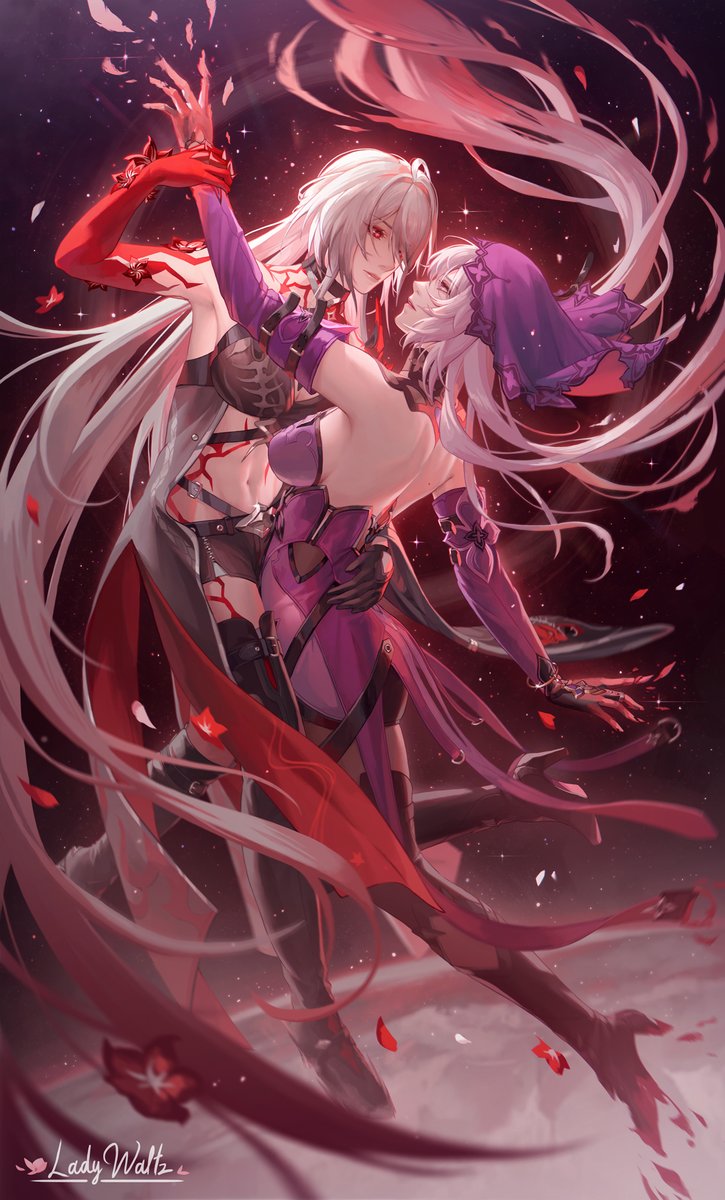 2girls acheron_(honkai:_star_rail) asymmetrical_legwear back belt black_belt black_choker black_footwear black_gloves black_shorts black_swan_(honkai:_star_rail) body_markings boots breasts choker cleavage commentary dancing detached_collar detached_sleeves dress english_commentary eyes_visible_through_hair flower full_body gloves hair_over_one_eye hair_spread_out hands_on_another&#039;s_waist highres holding_another&#039;s_wrist honkai:_star_rail honkai_(series) knee_boots ladywaltz large_breasts long_hair long_sleeves looking_at_another markings midriff multiple_girls navel official_alternate_color purple_dress purple_sleeves purple_veil red_eyes red_flower shorts signature single_glove single_knee_boot single_thigh_boot thigh_boots veil very_long_hair white_hair