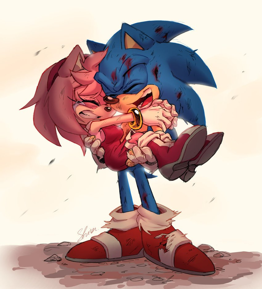 amy_rose blood blue_fur blue_hair boots bracelet breast_peek carrying carrying_person closed_eyes comforting couple crying destroyed_clothing dress gloves happy_tears hetero injury jewelry laughing medium_hair pink_fur pink_hair sega shira_hedgie shoes smile sonamy sonic_(series) sonic_the_hedgehog spiked_hair standing tears teeth torn_clothes