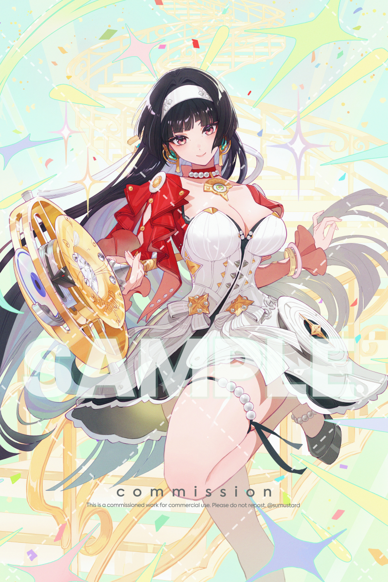1girl astra_yao black_hair blunt_sidelocks breasts cleavage commission hairband highres jacket jewelry large_breasts necklace pearl_necklace red_jacket red_shrug sidelocks smile solo sumustard thigh_beads uneven_bangs white_hairband zenless_zone_zero