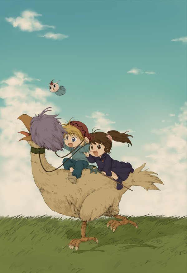 1boy 1girl :d bad_id bird blonde_hair blue_eyes blue_sky brown_eyes brown_hair child cloud day gipple grass kinako_(moment) kukuri_(mahoujin_guruguru) mahoujin_guruguru multiple_riders nike_(mahoujin_guruguru) open_mouth outdoors riding running sky smile
