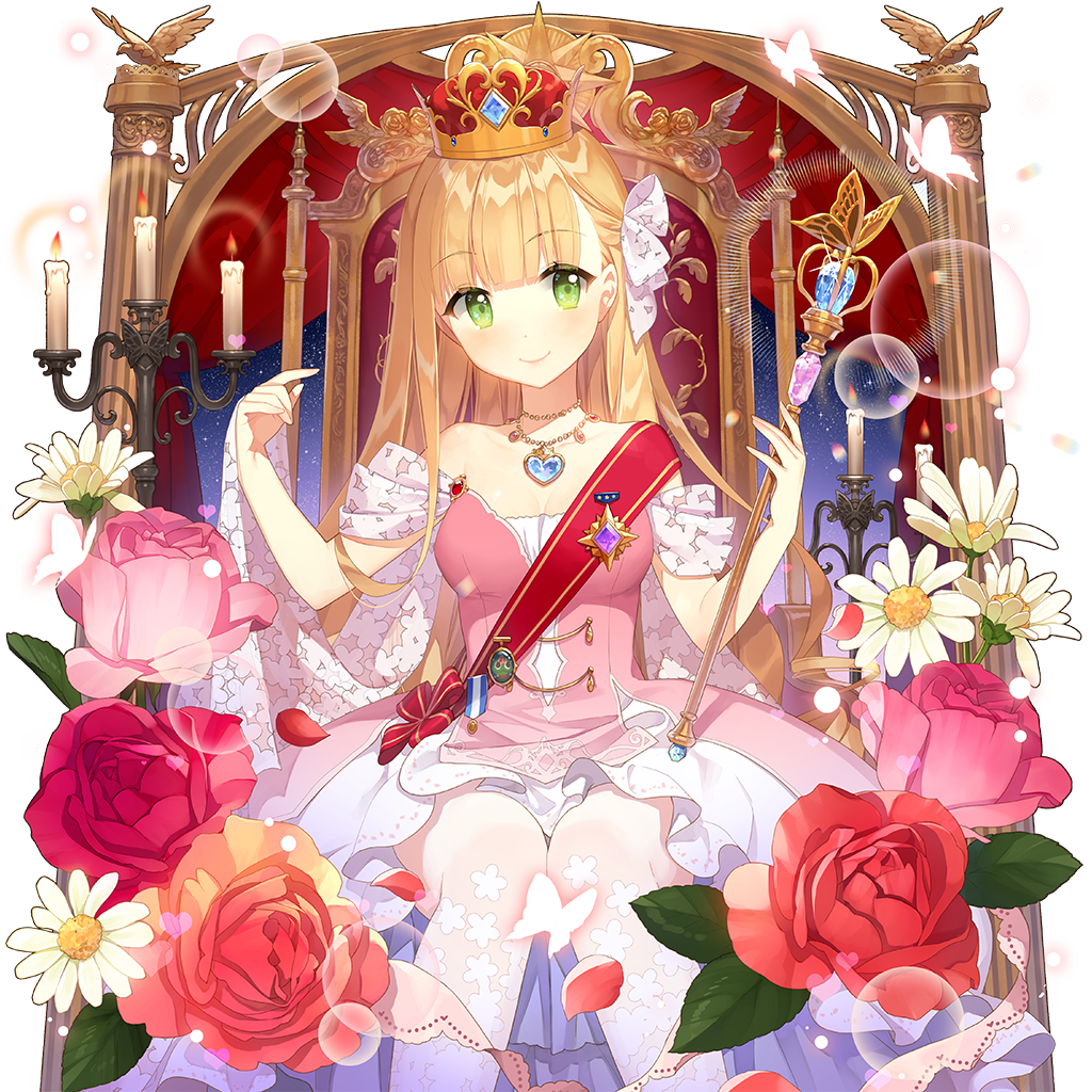 1girl bare_arms blonde_hair blunt_bangs candle dress flower green_eyes holding holding_wand lina_princella long_hair pink_dress salt_(salty) see-through_pantyhose sitting_on_throne tasuki uchi_no_hime-sama_ga_ichiban_kawaii very_long_hair wand