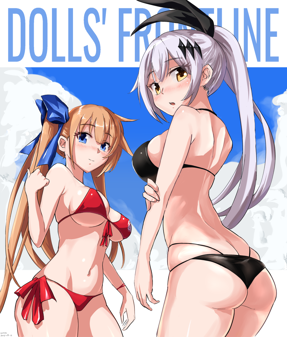 2girls arm_at_side arm_under_breasts ass back bikini black_bikini black_ribbon blue_eyes blue_ribbon blue_sky breasts butt_crack cloud copyright_name cowboy_shot day embarrassed eyebrows eyelashes fal_(fal&#039;s_summer)_(girls&#039;_frontline) fal_(girls&#039;_frontline) female_focus fingernails five-seven_(cruise_queen)_(girls&#039;_frontline) five-seven_(girls&#039;_frontline) from_behind from_below girls&#039;_frontline grey_hair hair_ribbon hand_on_own_arm hand_up large_breasts light_brown_hair long_hair looking_at_viewer looking_back multiple_girls niceratus_kiotensis official_alternate_costume outdoors ponytail red_bikini ribbon side_ponytail sky standing surprised swimsuit tight_clothes very_long_hair yellow_eyes