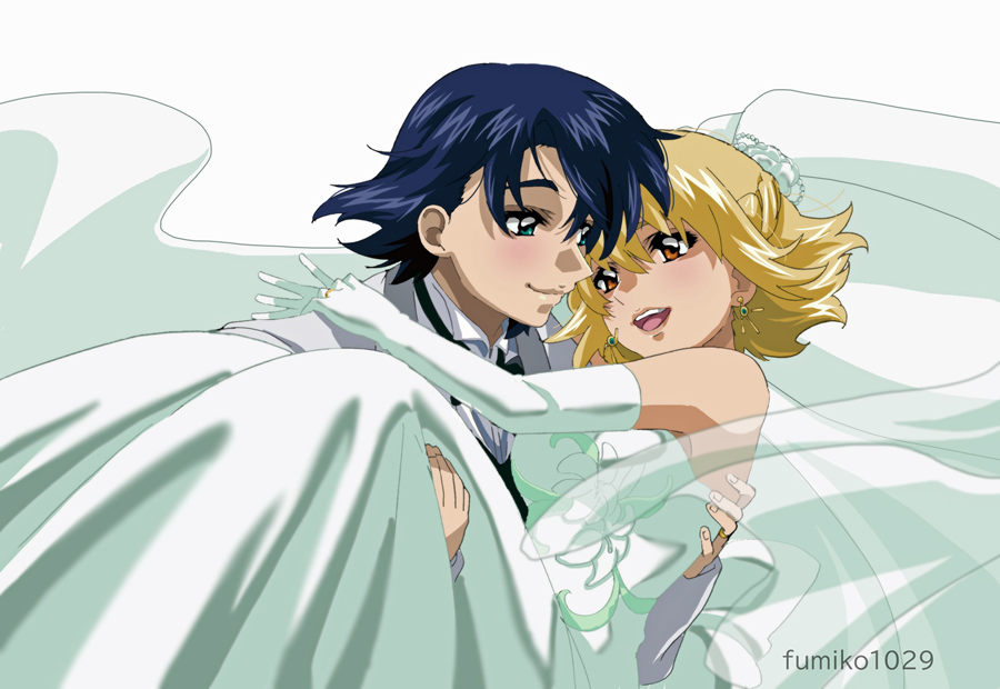 1boy 1girl artist_name athrun_zala blonde_hair blue_hair blush bridal_veil cagalli_yula_athha carrying couple dress earrings elbow_gloves formal_clothes fumiko_(mesushi) gloves green_eyes gundam gundam_seed gundam_seed_freedom jewelry princess_carry ring smile suit veil wedding_dress wedding_ring white_background white_gloves white_suit yellow_eyes