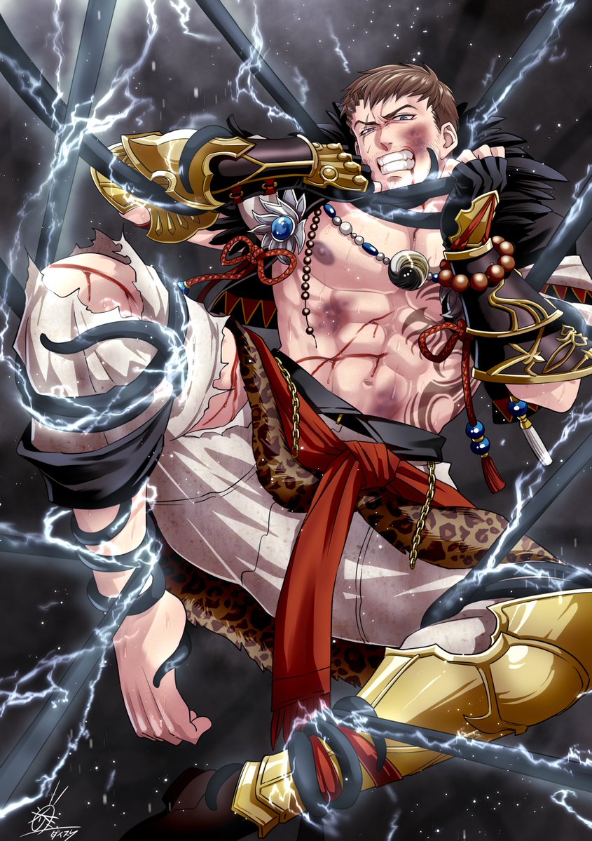 1boy abs adventurer_(ff14) bara black_gloves brown_hair bruise bruise_on_face chest_tattoo clenched_teeth commission final_fantasy final_fantasy_xiv fingerless_gloves gloves hyur injury large_pectorals male_focus monk_(final_fantasy) muscular muscular_male navel nipples pants pectorals restrained scar scar_across_eye scar_on_face short_hair skeb_commission solo tanotsuku_daisuke tattoo teeth tentacles tentacles_on_male torn_clothes torn_pants vambraces warrior_of_light_(ff14) white_pants