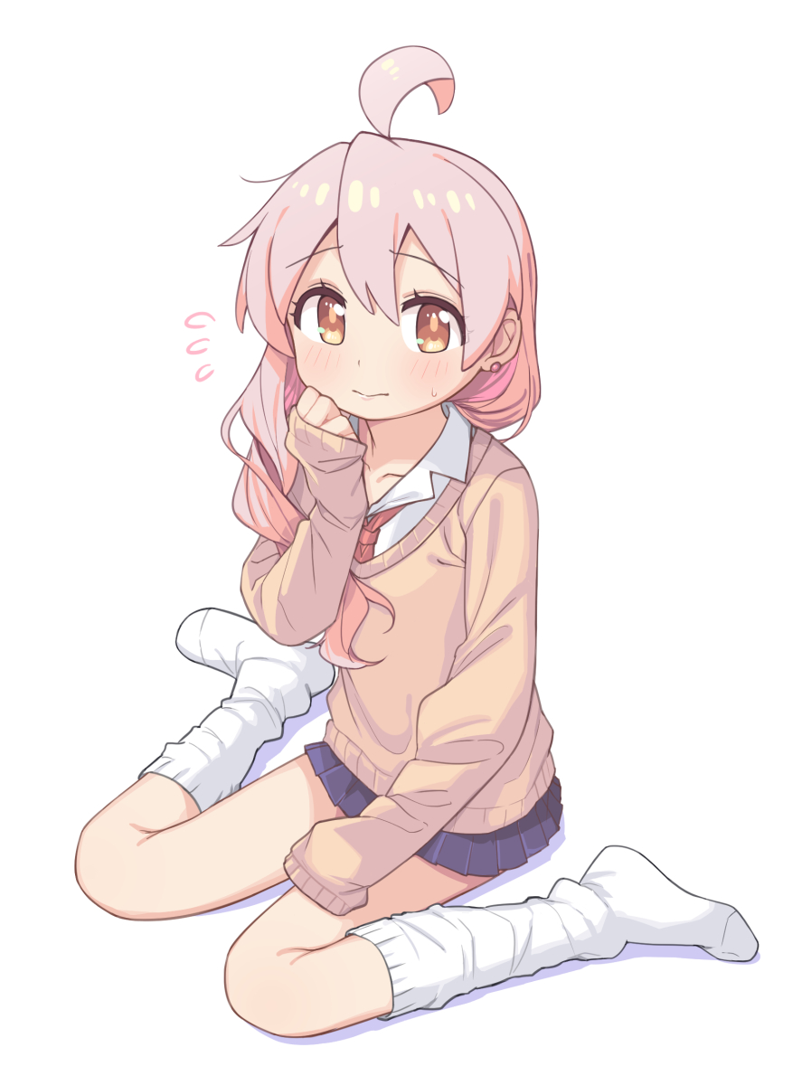 1girl ahoge bare_legs blue_skirt blush brown_eyes brown_jacket commentary earrings flying_sweatdrops full_body genderswap genderswap_(mtf) hair_between_eyes hair_over_shoulder highres jacket jewelry kneehighs long_hair long_sleeves looking_at_viewer loose_socks miniskirt necktie no_shoes onii-chan_wa_oshimai! oyama_mahiro pink_hair pleated_skirt red_necktie revision saiste shirt simple_background sitting skirt sleeves_past_wrists socks solo stud_earrings wariza white_background white_shirt white_socks wing_collar