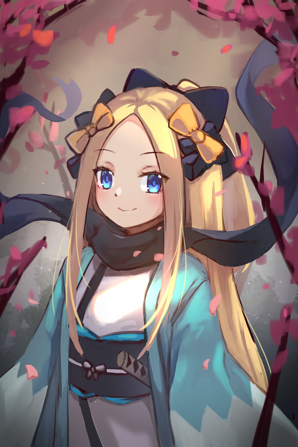 1girl abigail_williams_(fate) black_bow black_scarf blonde_hair blue_eyes bow closed_mouth commentary cosplay english_commentary fate/grand_order fate_(series) hair_bow highres japanese_clothes kimono koha-ace long_hair looking_at_viewer miya_(miyaruta) obi okita_souji_(fate) okita_souji_(koha-ace) okita_souji_(koha-ace)_(cosplay) open_clothes orange_bow parted_bangs petals ponytail sash scarf smile solo very_long_hair white_kimono