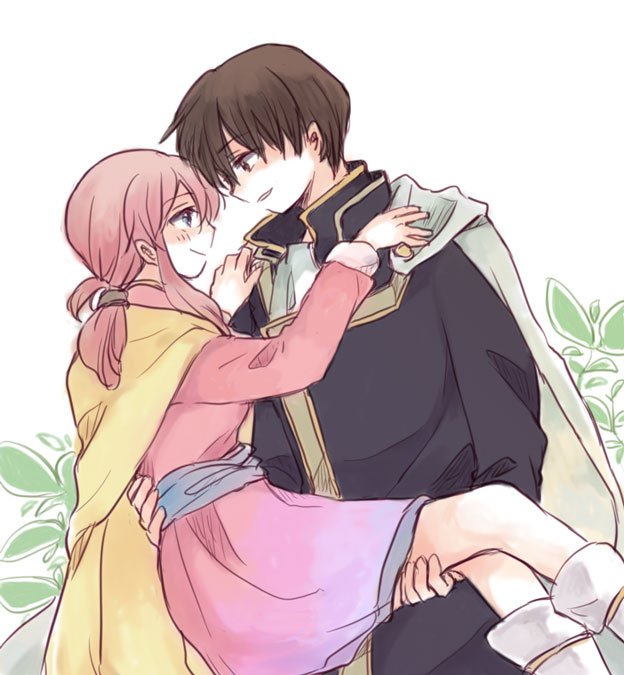 1boy 1girl brown_hair cape carrying ethlyn_(fire_emblem) european_clothes eye_contact fire_emblem fire_emblem:_genealogy_of_the_holy_war kitano_373 looking_at_another nintendo pink_hair ponytail princess_carry quan_(fire_emblem) short_hair simple_background smile
