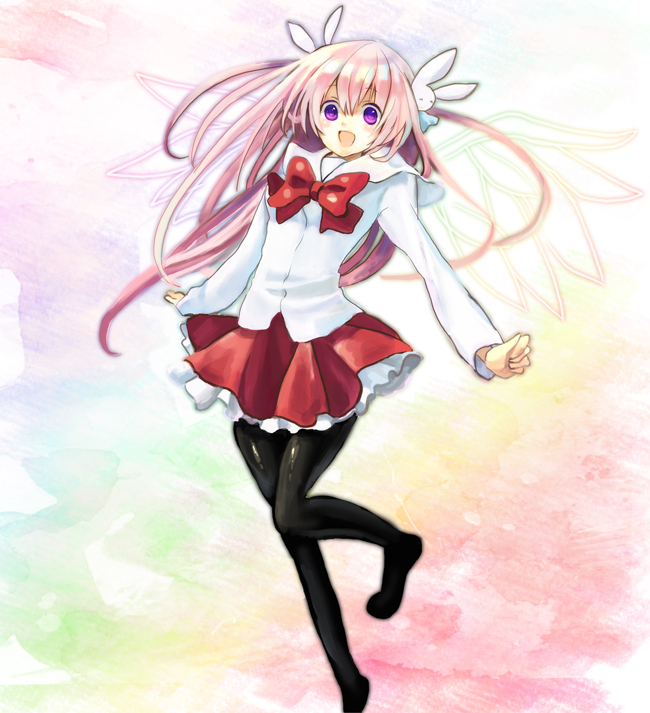 1girl :d bad_id bad_pixiv_id black_pantyhose bow female_focus hair_ornament leg_up long_hair long_sleeves misha misha_(pita_ten) open_mouth pantyhose pink_hair pita_ten purple_eyes rabbit_hair_ornament red_skirt school_uniform shirt skirt smile solo sonou_(lalala27) white_shirt wings