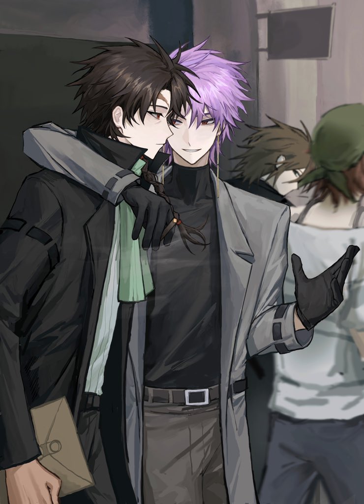 1girl 3boys annie_(saibou_shinkyoku) arm_around_shoulder belt black_belt black_coat black_gloves black_pants black_sweater bonley braid brown_hair brown_pants closed_mouth coat earrings gloves green_scarf grey_coat grey_sweater hand_up harada_minoru hashtag-only_commentary isoi_reiji jewelry long_sleeves multiple_boys open_clothes open_coat pants pink_hair red_eyes ribbed_sweater saibou_shinkyoku scar scar_on_face scar_on_forehead scarf shirt short_hair short_sleeves side_braid single_braid smoke sweater theodore_riddle turtleneck turtleneck_sweater white_shirt