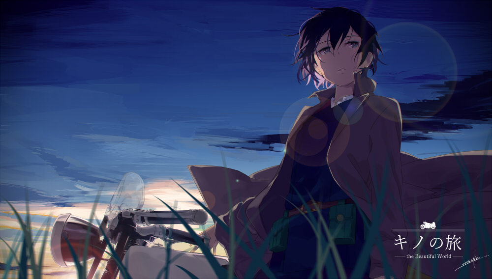 artist_name backlighting belt belt_buckle belt_pouch black_hair black_jacket black_pants blue_skirt blurry bokeh brown_coat buckle coat commentary copyright_name cowboy_shot dawn depth_of_field dress_shirt grey_eyes hair_between_eyes hermes_(kino_no_tabi) jacket kino_(kino_no_tabi) kino_no_tabi looking_afar messy_hair motor_vehicle motorcycle nosuke2z orange_sky pants pouch shirt signature skirt sky trench_coat white_shirt
