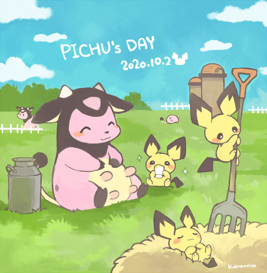 :3 closed_eyes cup dated day drinking fence game_freak gen_2_pokemon grass happy konanbo milk miltank nintendo no_humans outdoors pichu picket_fence pitchfork pokemon pokemon_(creature) silo sparkle wooden_fence