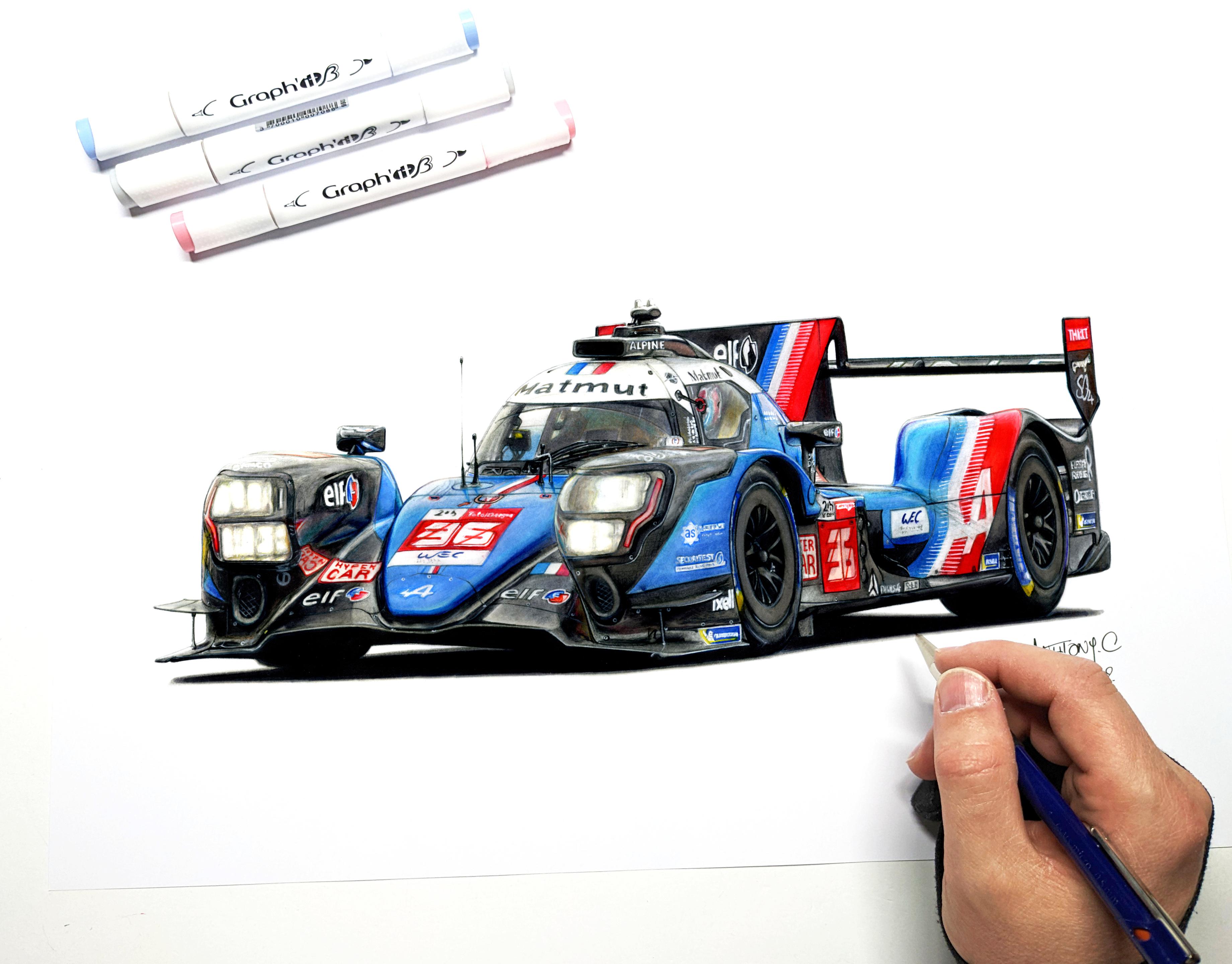 absurdres alpine_(carmaker) alpine_a480 anthony-c art_tools_in_frame artist&#039;s_hand_in_frame blue_car car commentary english_commentary french_flag highres le_mans_prototype motor_vehicle race_vehicle racecar signature spoiler_(automobile) sponsor vehicle_focus white_background world_endurance_championship