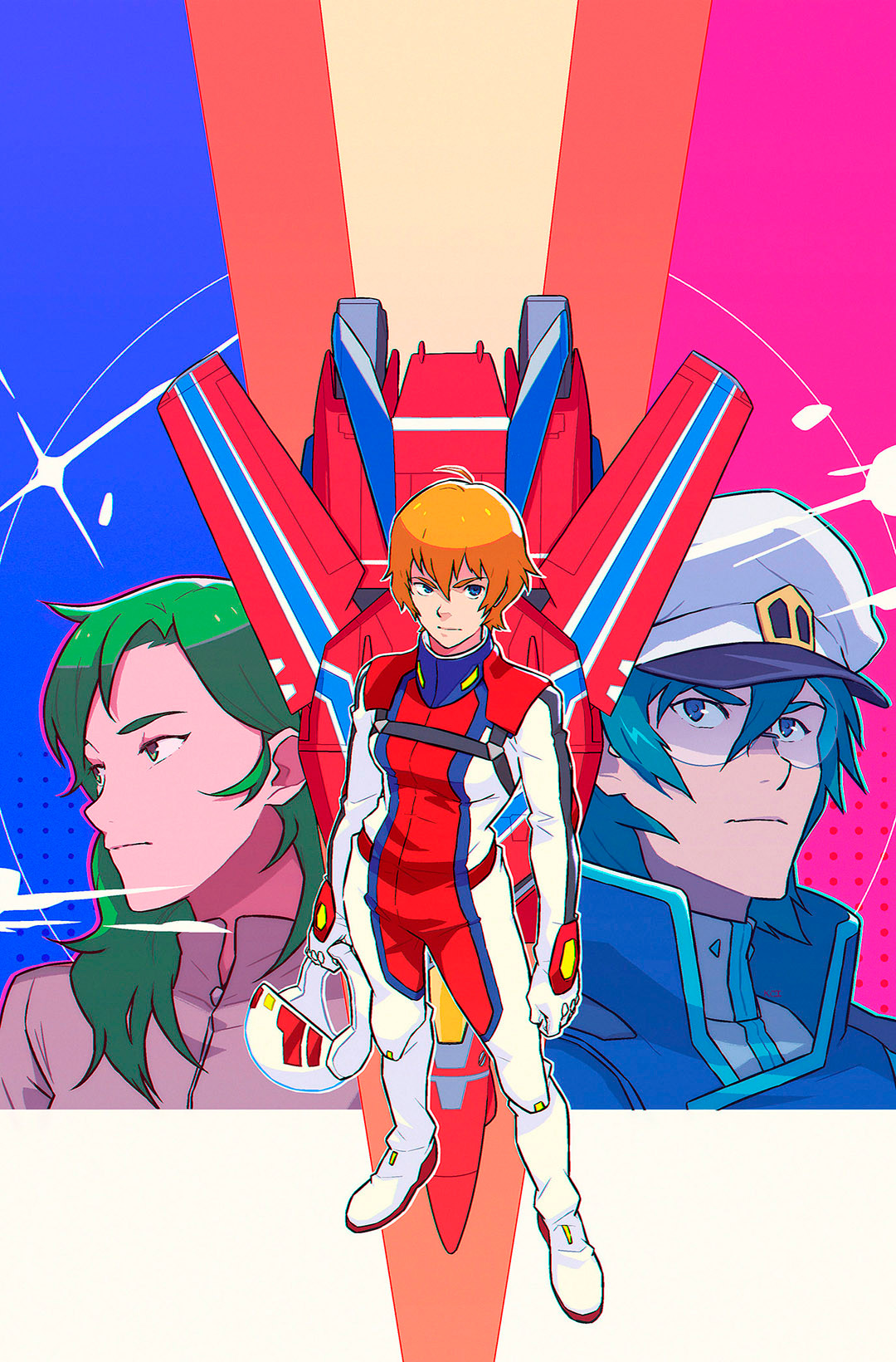 1boy 2girls alien blonde_hair blue_hair choujikuu_kidan_southern_cross comic_cover commentary couple crossover jeanne_francaix english_commentary family glasses green_hair hat helmet highres jeanne_francaix lekoifish looking_at_viewer macross maximilian_jenius mecha meltrandi miclone military military_uniform millia_jenius multiple_girls official_art pilot_suit robot robotech science_fiction spacesuit unworn_headwear unworn_helmet variable_fighter vf-1 western_comics_(style) zentradi