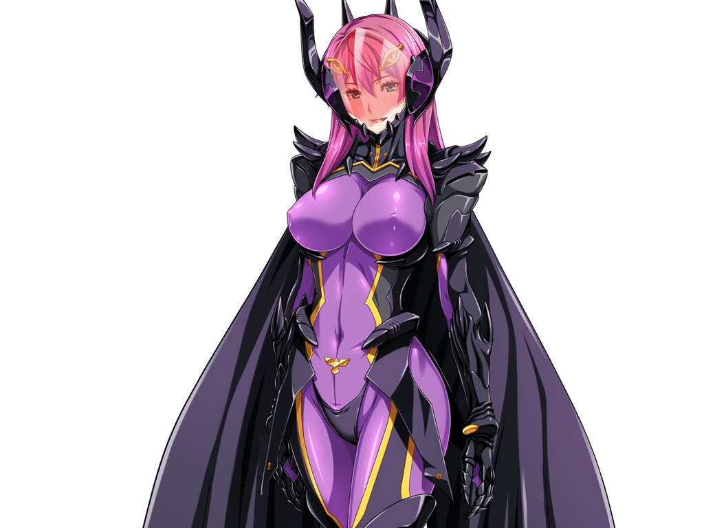 1girl armor assault_visor bodysuit breasts cape corruption covered_erect_nipples covered_navel cowboy_shot dark_persona dark_reica fake_horns game_cg gentle_sasaki helmet horned_helmet horns large_breasts large_variant_set long_hair looking_at_viewer non-web_source official_art pink_hair purple_bodysuit shindou_hatsune skin_tight smile solo soukou_senki_prism_reica transparent_background variant_set