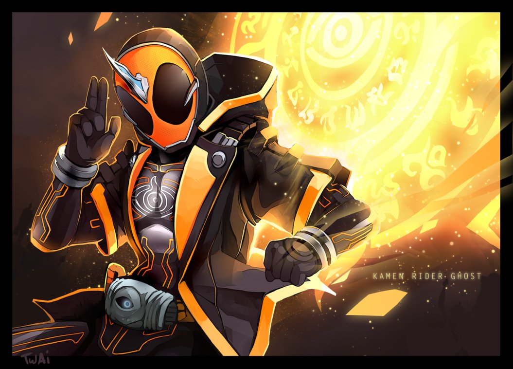 1boy armor black_eyes black_gloves character_name clenched_hand commentary cropped_legs ghost ghost_driver gloves helmet horns index_finger_raised jacket kamen_rider kamen_rider_ghost kamen_rider_ghost_(series) letterboxed logo looking_at_viewer magic_circle ore_damashii parka single_horn solo spirit symbol-only_commentary tokusatsu twai upper_body