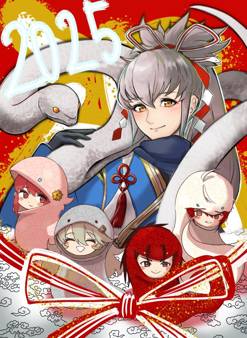 2025 2boys 3girls animal_costume brown_hair chinese_zodiac corrin_(female)_(fire_emblem) corrin_(fire_emblem) fire_emblem fire_emblem_fates grey_hair high_ponytail hinoka_(fire_emblem) iwtb5572 multiple_boys multiple_girls nintendo orange_eyes pink_hair ponytail red_hair ryoma_(fire_emblem) sakura_(fire_emblem) snake_costume takumi_(fire_emblem) year_of_the_snake