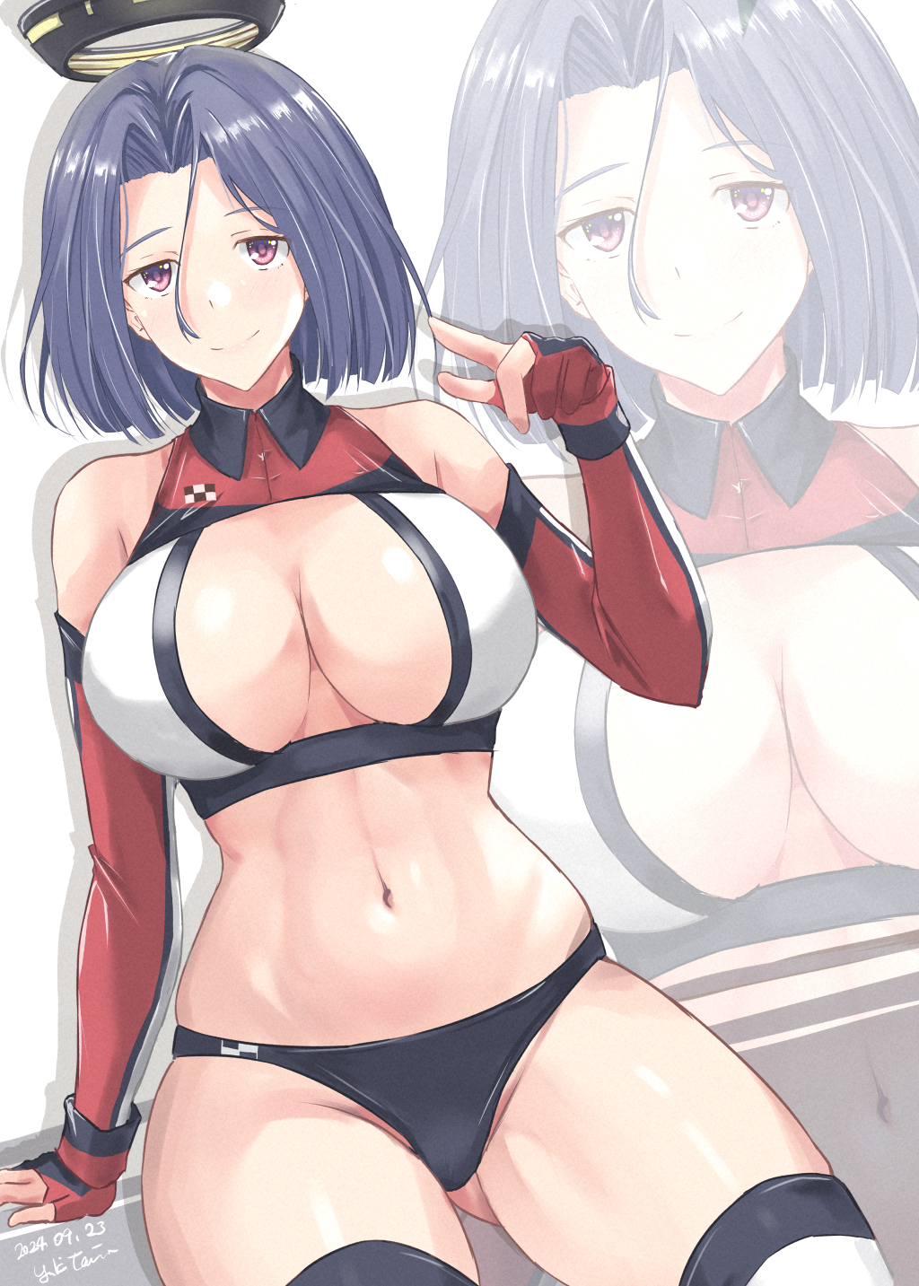 1girl alternate_costume bikini black_bikini breasts detached_sleeves fingerless_gloves gloves halo highres kantai_collection large_breasts looking_at_viewer mechanical_halo mismatched_bikini navel purple_eyes purple_hair race_queen red_gloves short_hair smile swimsuit taira_yuuki tatsuta_(kancolle) zoom_layer