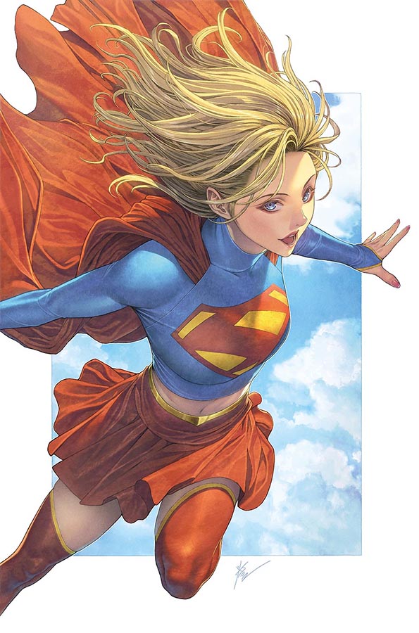 1girl blonde_hair blue_eyes boots cape commentary_request crop_top dc_comics flying homare_(fool&#039;s_art) long_sleeves looking_at_viewer open_mouth red_boots red_cape short_hair simple_background smile solo supergirl superhero_costume superman_(series) superman_logo thighhighs white_background