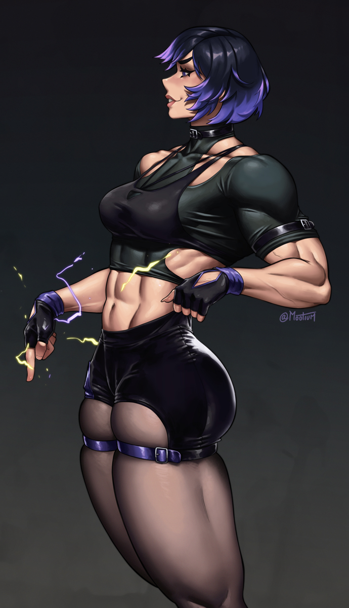1girl abs black_shorts collar crop_top electricity fingerless_gloves gloves highres looking_to_the_side mootium multicolored_hair muscular muscular_female reina_(tekken) shorts simple_background solo tekken tekken_8 thick_thighs thighs two-tone_hair